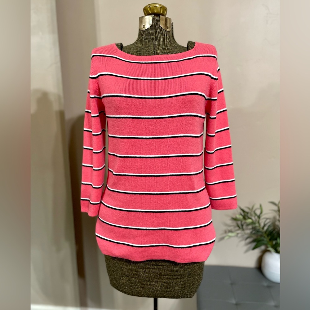 Vintage 90s Jeanne Pierre Pink Striped Cotton Sweater Top Lightweight Boat Neck